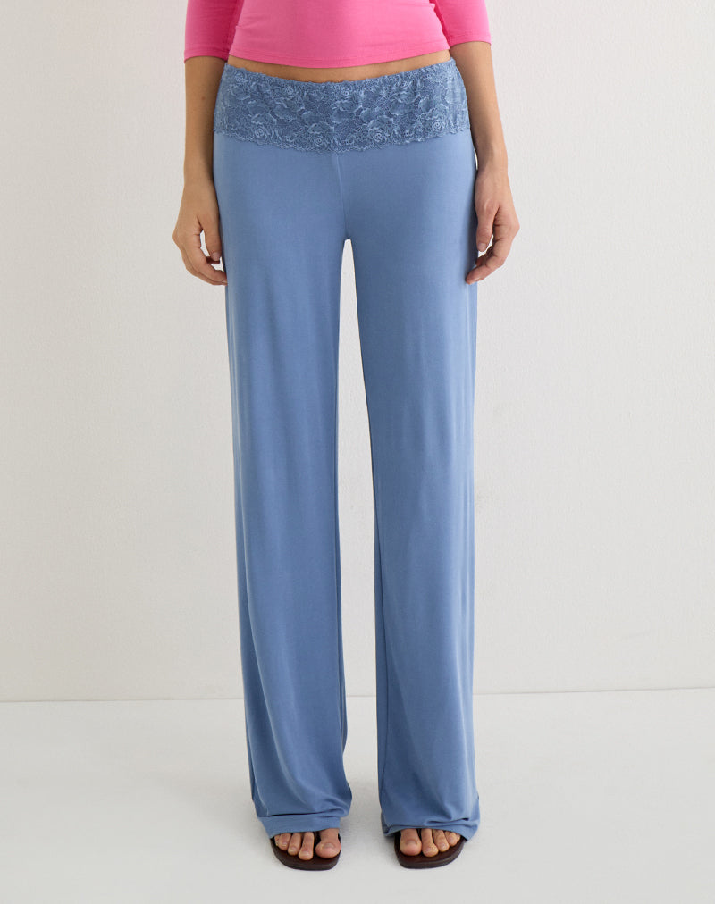 Image of Jia Trouser in Cupro Dusty Blue with Lace Trim