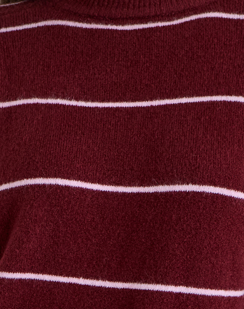 Image of Ishari Knitted Jumper in Burgundy with Pink Stripe