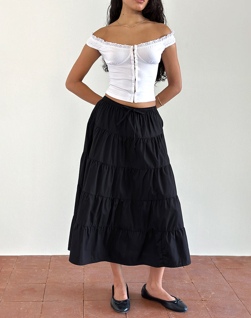 Image of Izumi Tiered Midi Skirt in Poplin Black
