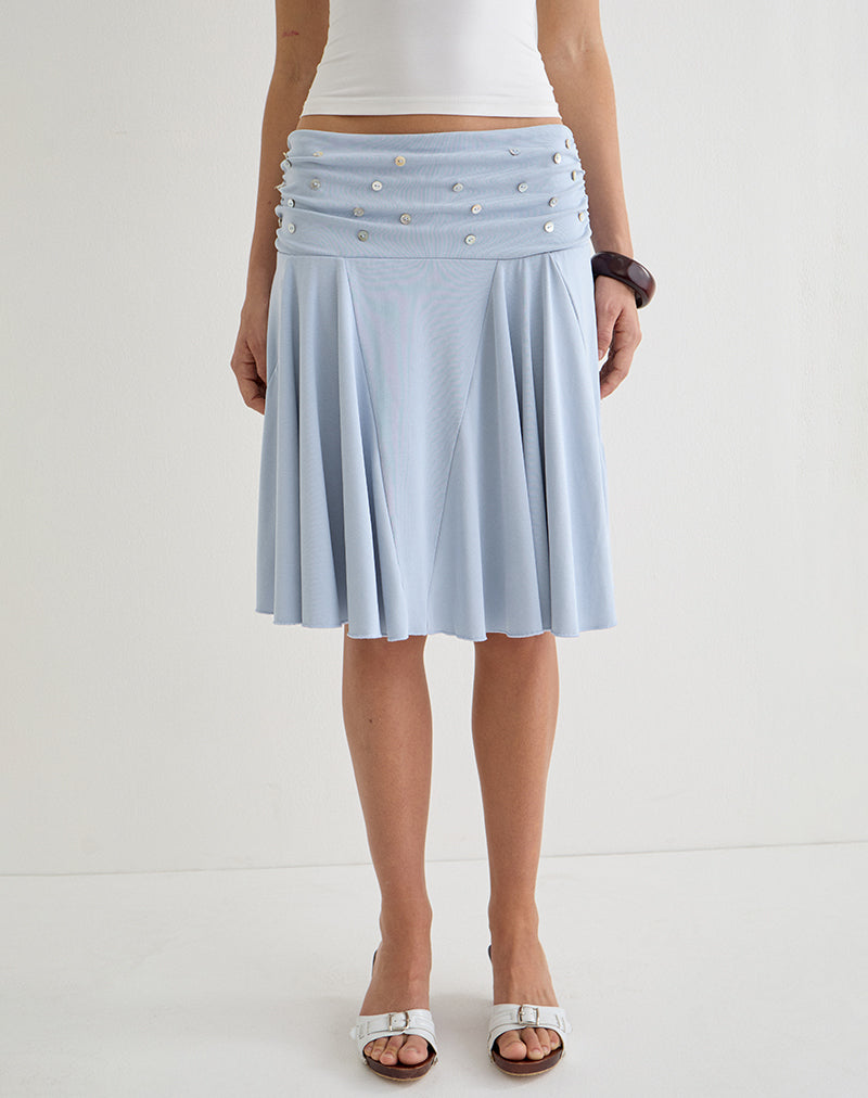 Image of Faliha Midi Skirt in Lyocell Dusty Blue with Pearl Buttons