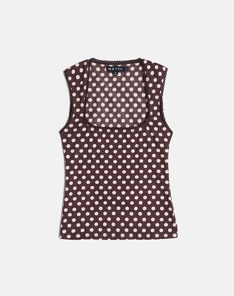 Image of Jinalo Sweetheart Top in Brown with Small Cream Polka Prints
