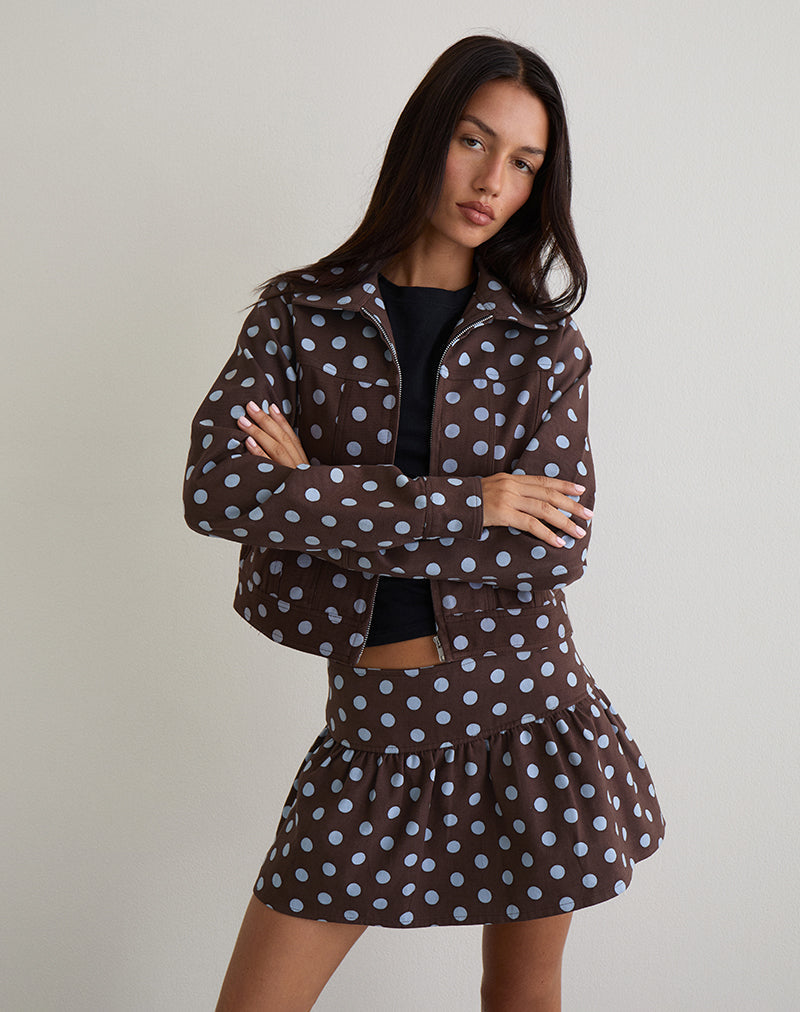 Image of Jolea Pleated Mini Skirt in Mono Polka Brown