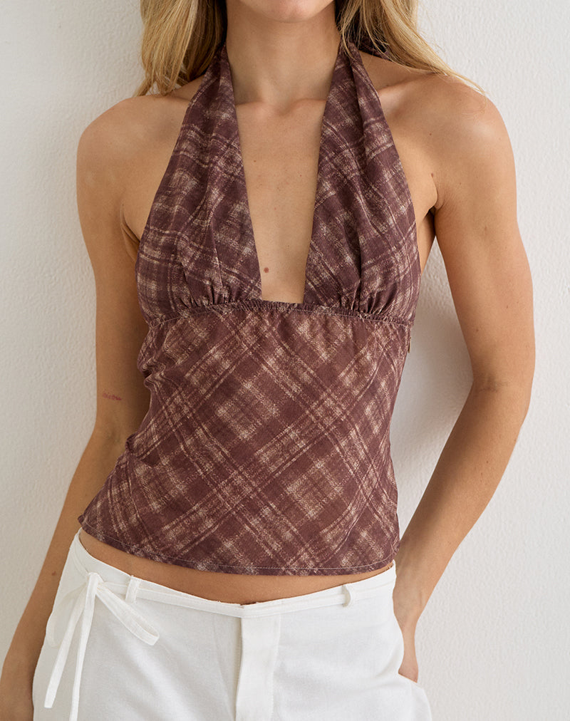 Image of Kaluli Halterneck Top in Stone Check Brown