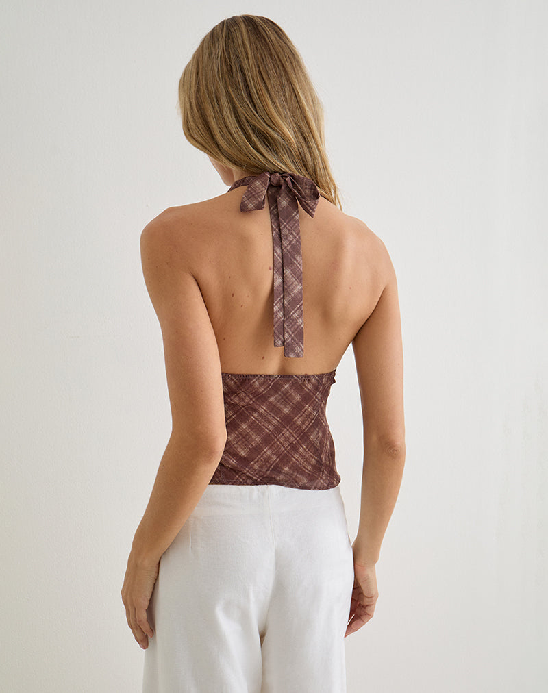Image of Kaluli Halterneck Top in Stone Check Brown