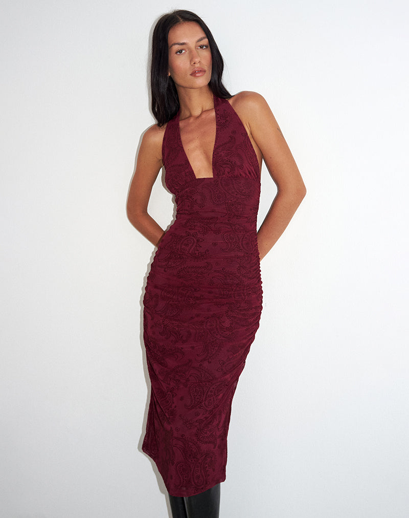 Image of Kamau Dress in Flock Compact Paisley Wine