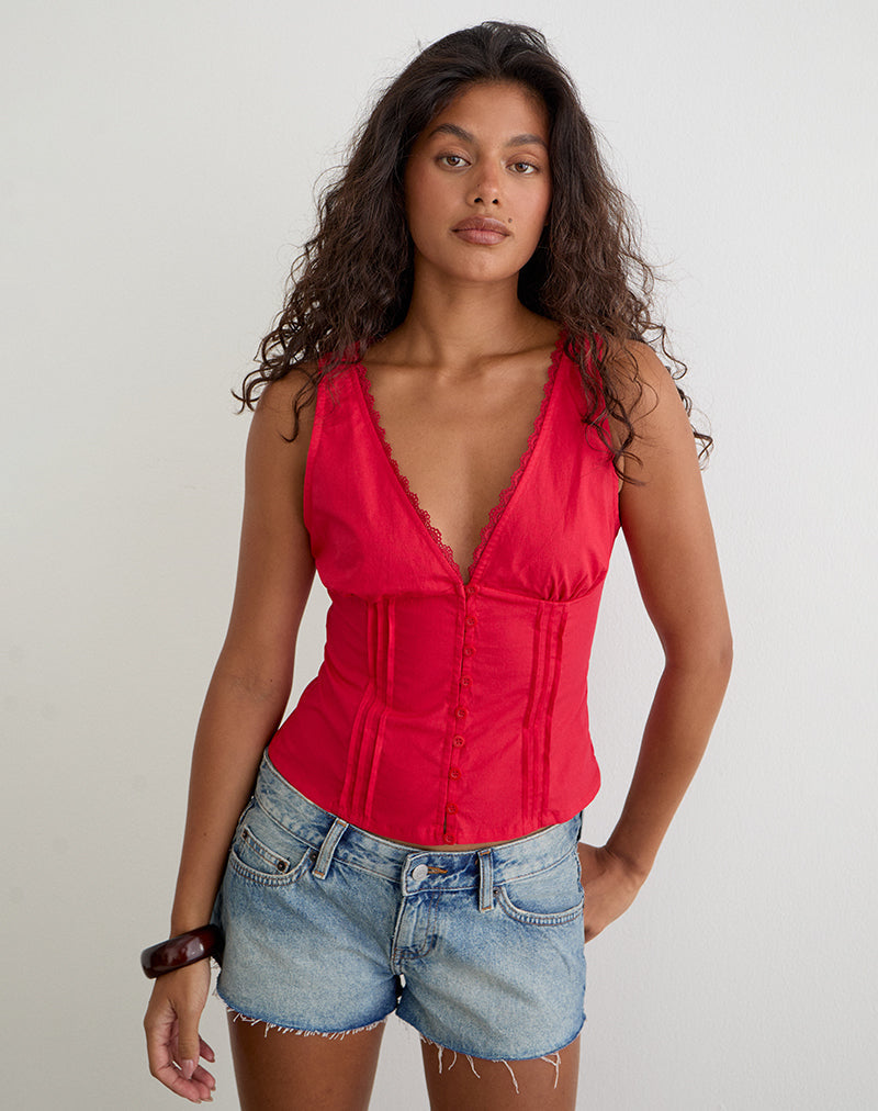 Image of Lasily V Neck Corset Top in Poplin Scarlet Red