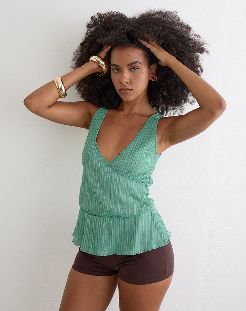 Image of Layu Plunge Wrap Top in Plisse Turquoise