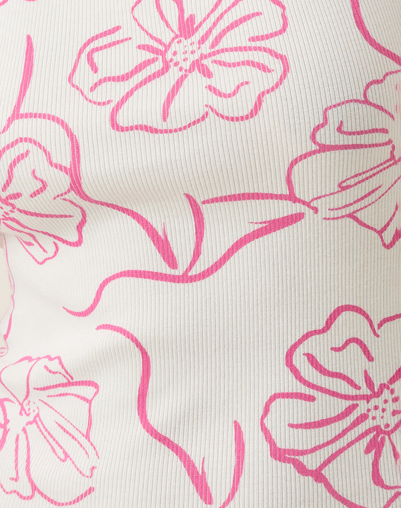 Image of Leen Tank Top in White with Pink Hibiscus Doodle Print