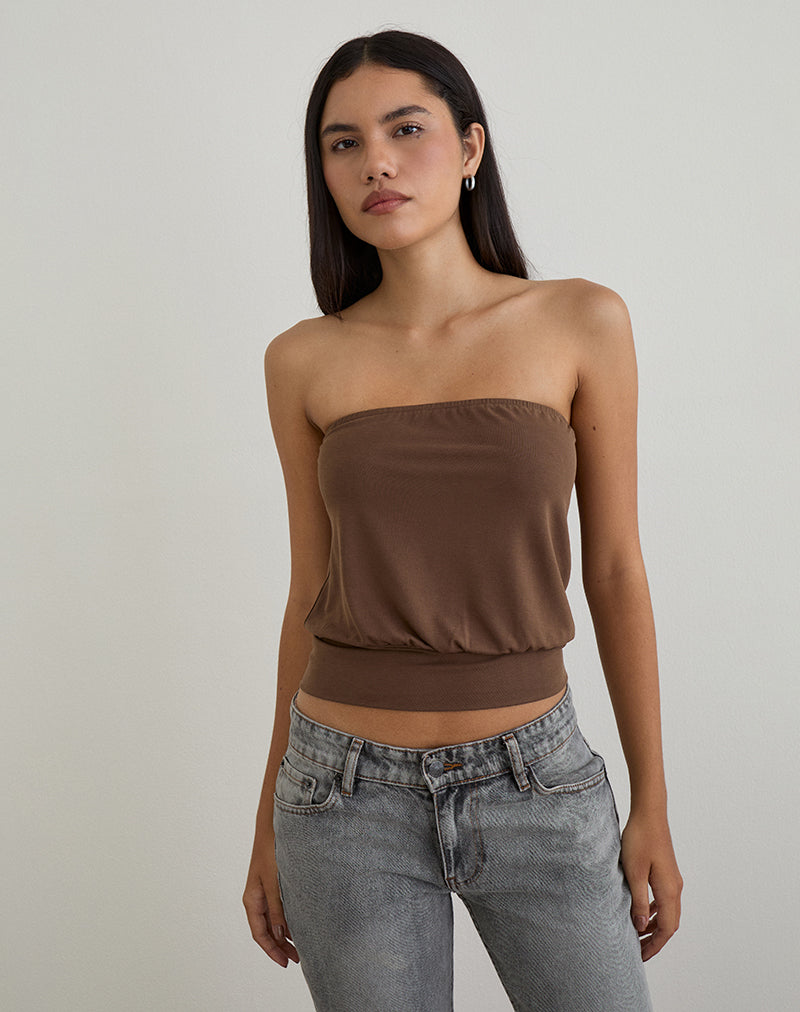 Image of Leocadia Bandeau Top in Cupro Bitter Chocolate