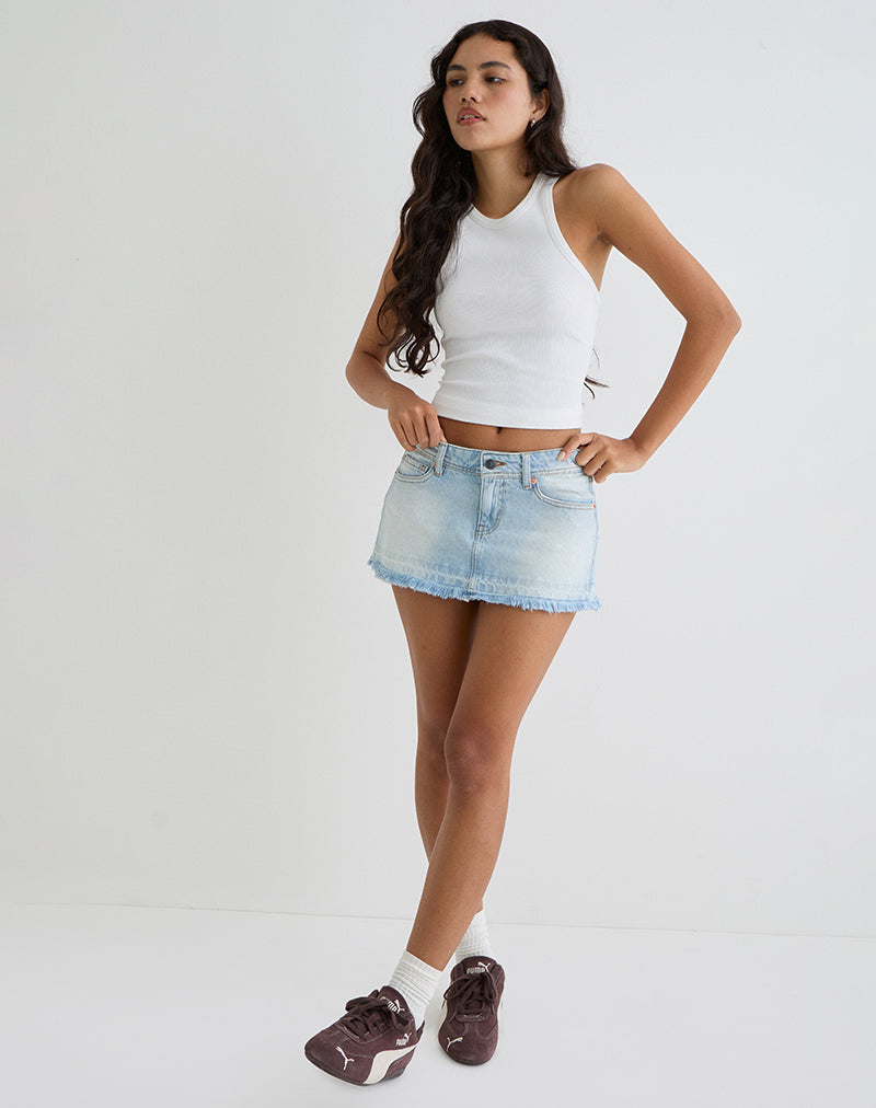 Image of Raw Hem Low Rise Denim Mini Skirt in Icy Blue
