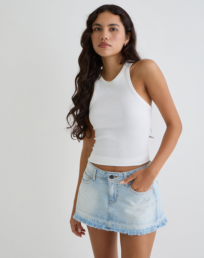 Image of Raw Hem Low Rise Denim Mini Skirt in Icy Blue