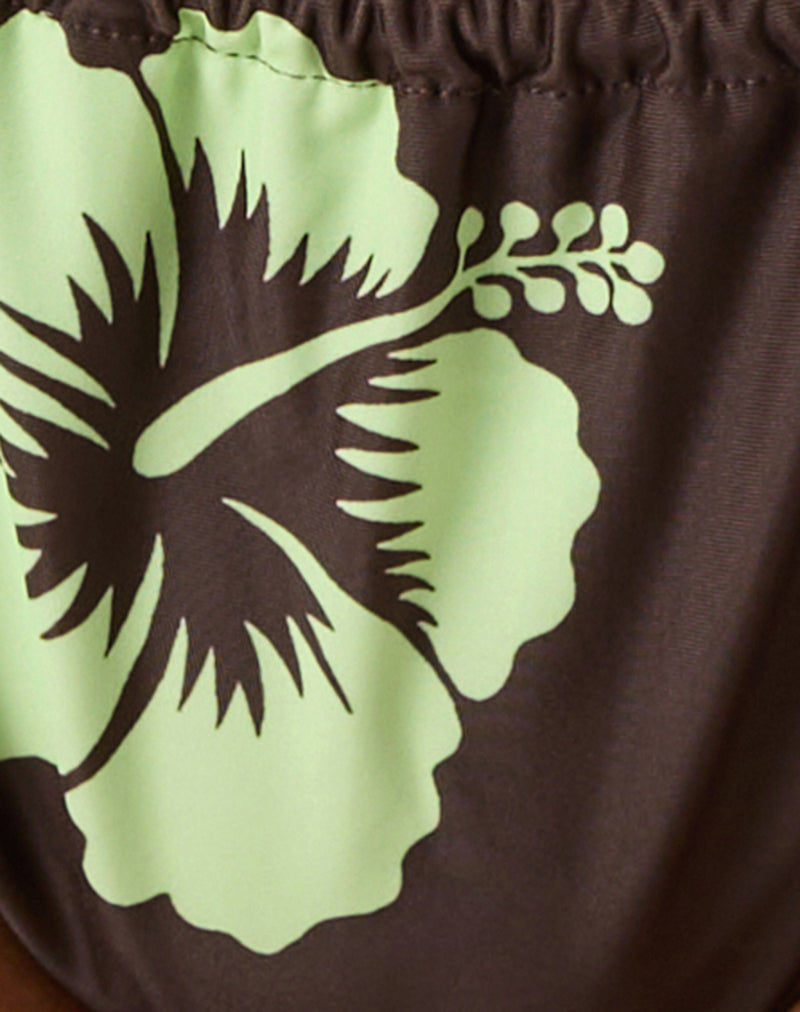 Image of Leyna Bikini Bottom in Brown and Green Mono Hibiscus with Beads