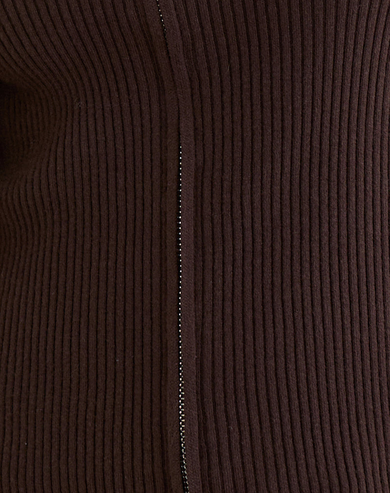 Image of Liano Zip Cardigan in Rib Knit Brown