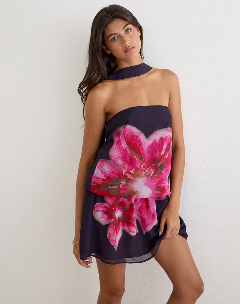 Image of Lilira Mini Dress in Purple Chiffon with Desert Flower