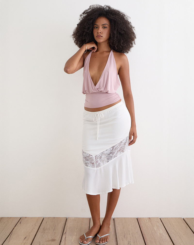 Image of Linus Midi Skirt with Lace Panel in Crinkle Off White