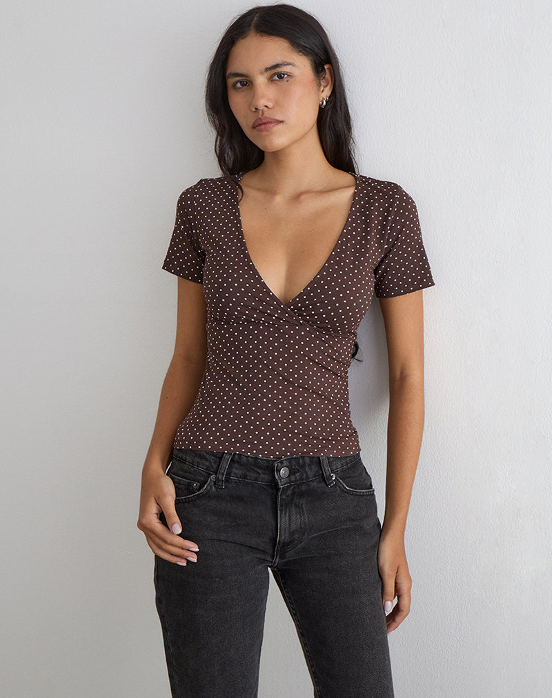 Image of Lobos Crossover Top in Jersey Micro Polka Brown