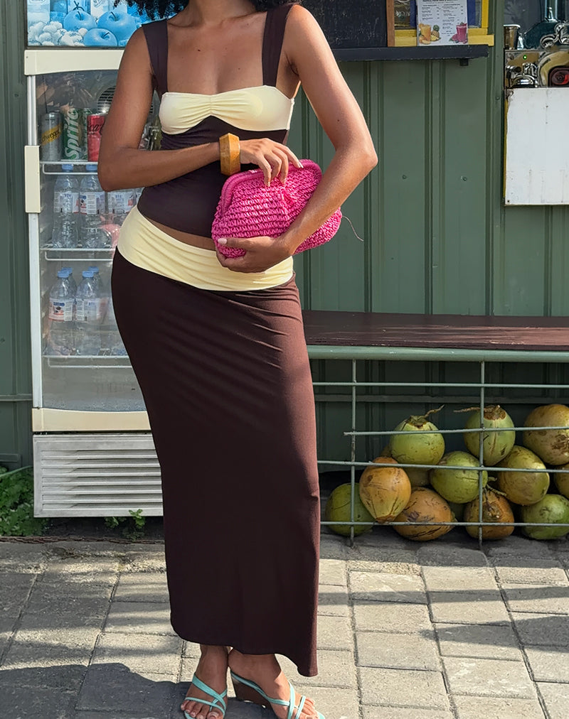 Image of Olie Maxi Skirt in Rayon Jersey Bitter Chocolate and Lemon Yellow