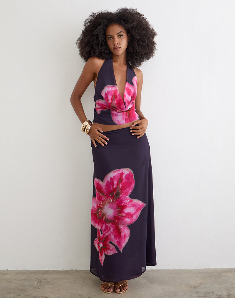 Image of Bujau Plunge Cowl Neck Top in Purple Chiffon with Desert Flower