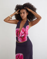 Image of Bujau Plunge Cowl Neck Top in Purple Chiffon with Desert Flower