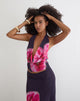 Image of Bujau Plunge Cowl Neck Top in Purple Chiffon with Desert Flower