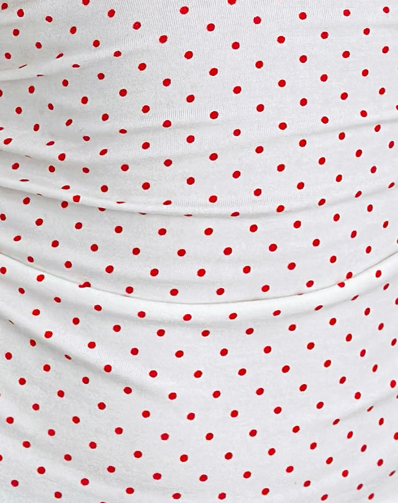Image of Lycia Plunge Top in White with Red Micro Polka Print