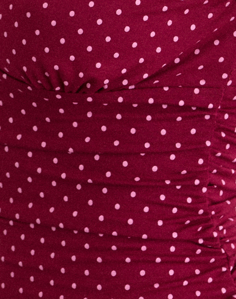 Image of Lycia Plunge Top in Wine with Pink Micro Polka Print