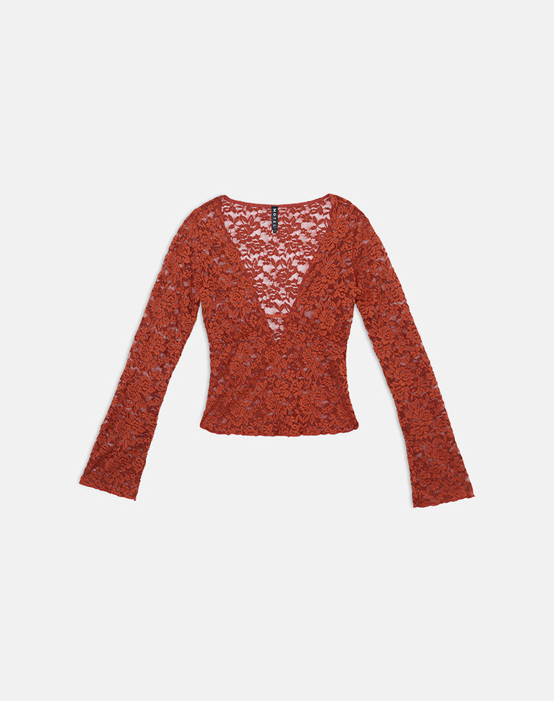Image of Mahota Deep Plunge Long Sleeve Top in Lace Mesh Brick
