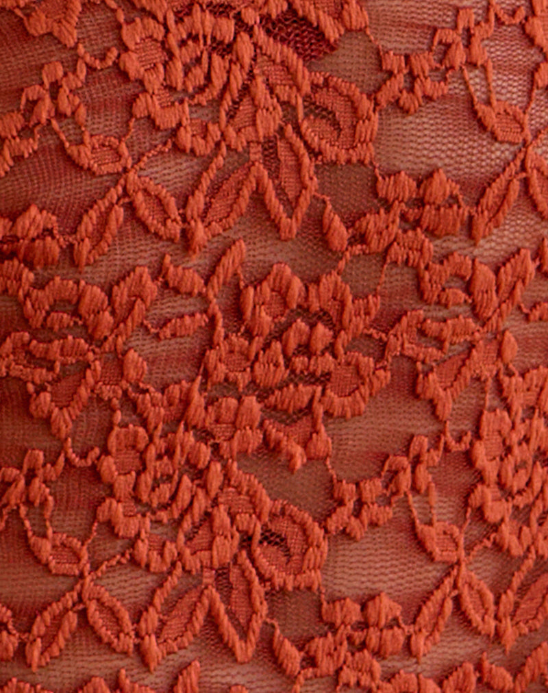 Image of Mahota Deep Plunge Long Sleeve Top in Lace Mesh Brick