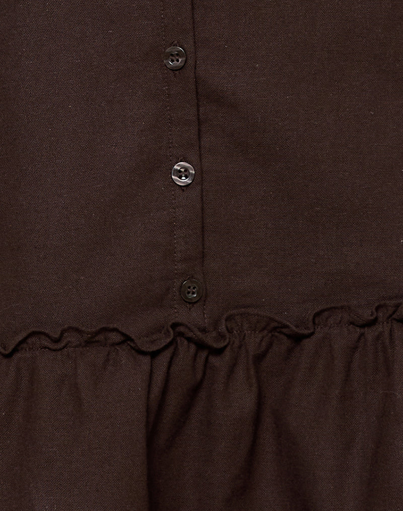 Image of Mailina Linen Button Up Mini Dress in Chocolate Brown