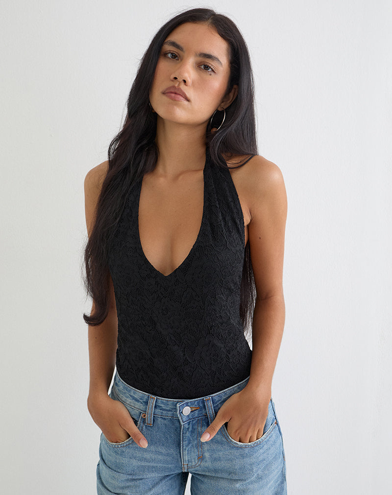 Image of Maizy Halterneck Bodysuit in Black Floral Lace