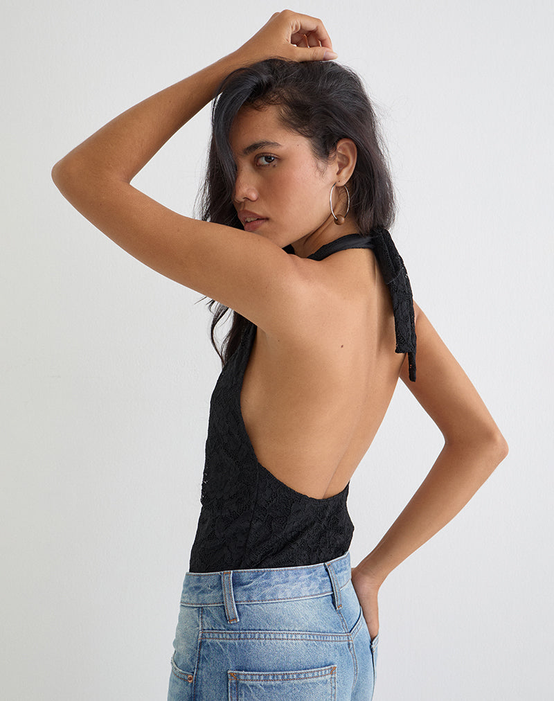 Image of Maizy Halterneck Bodysuit in Black Floral Lace