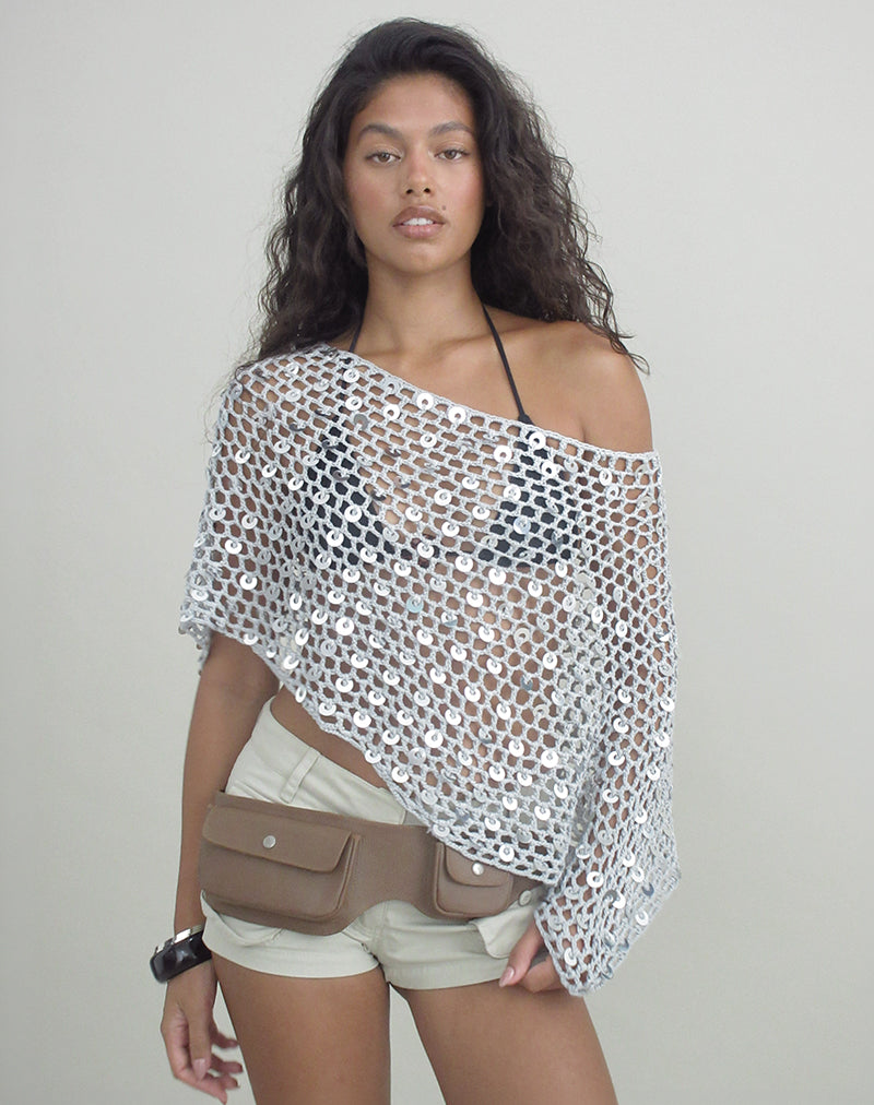 Image of Maliha Poncho in Crochet Knit Silver