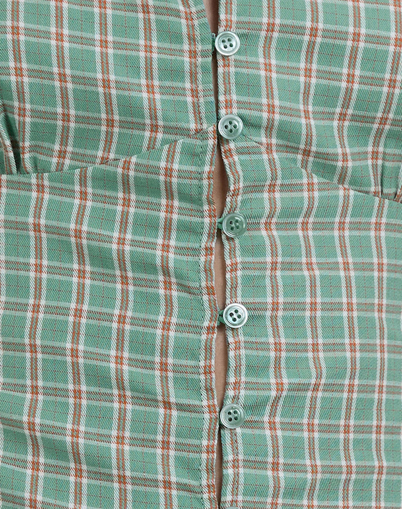 Image of Malsa Scoop Button Blouse in Teal Check