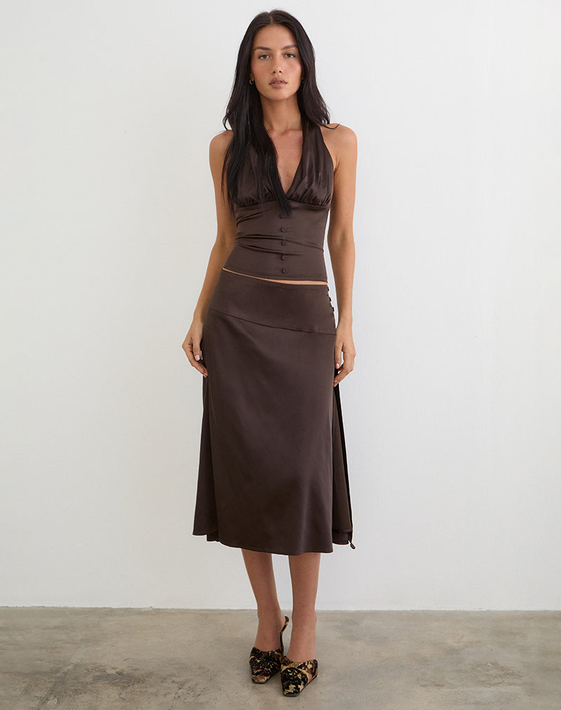 Image of Manyala Midi Skirt in Satin Dark Brown