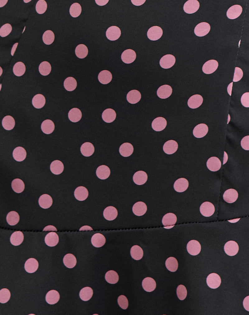Image of Maribel Mini Dress in Black Satin Scattered with Pink Polka