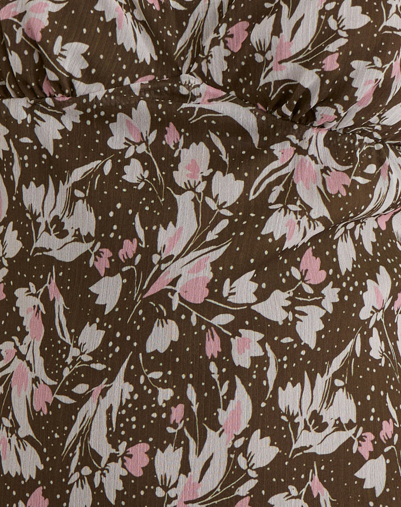 Image of Mariko Dress in Brown and Pink Polka Flower Chiffon