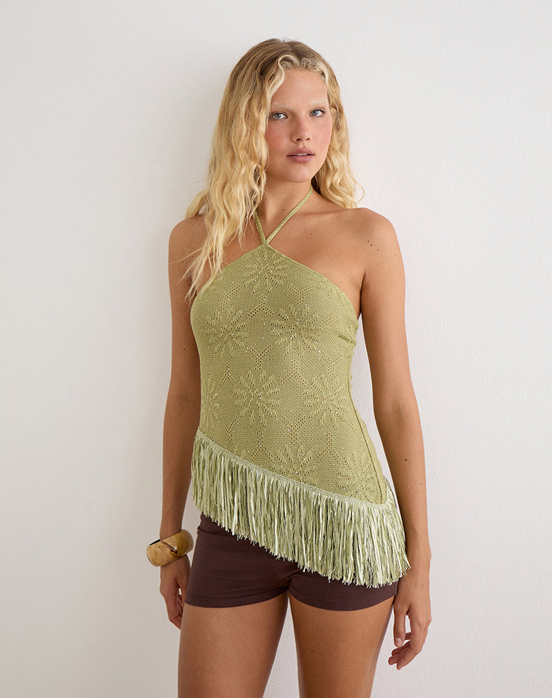 Image of Masina Top With Fringe Hem in Sequin Knit Green