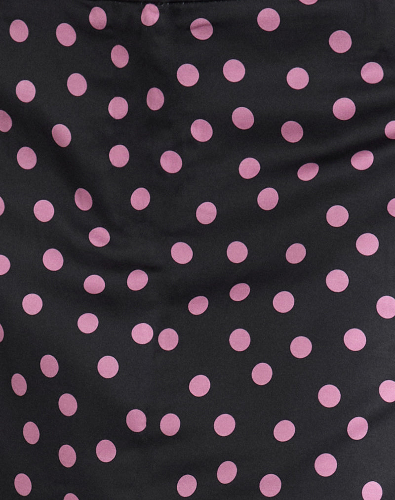 Image of Maula Mini Skirt in Black Satin Scattered with Pink Polka