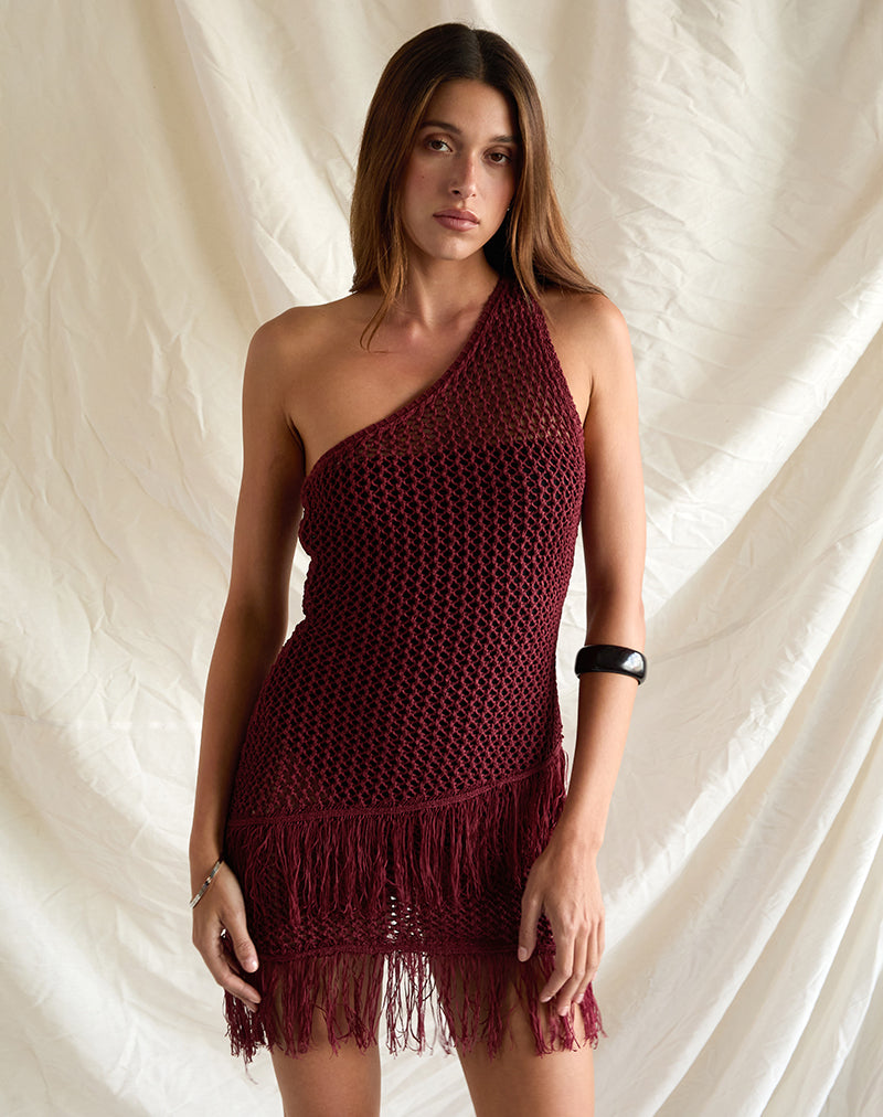Image of Meloka Asymmetric Fringe Mini Dress in Berry