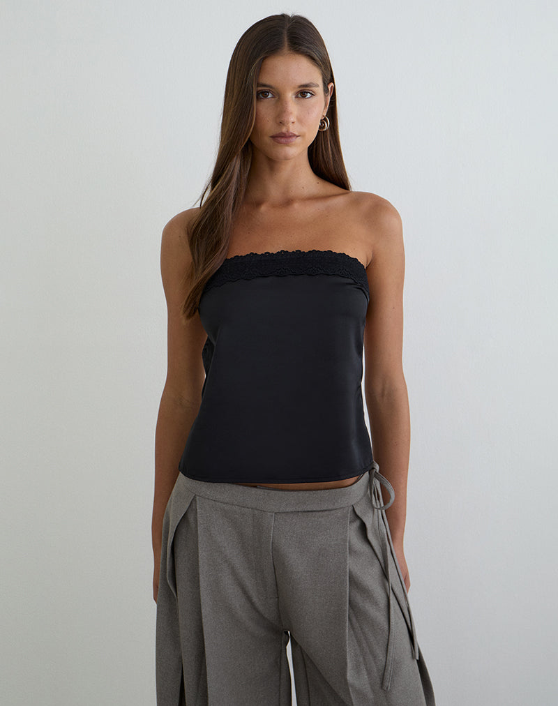 Image of Minae Bandeau Top with Lace Trim in Satin Black