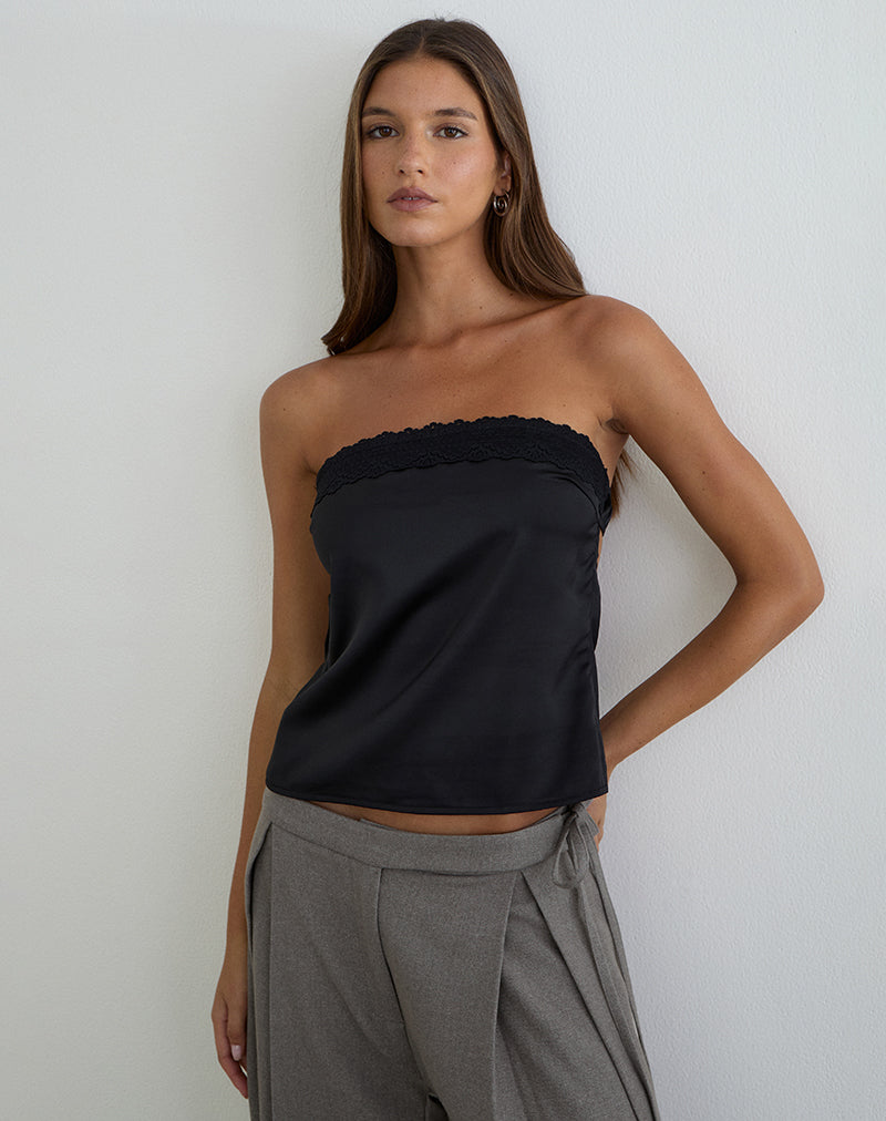 Image of Minae Bandeau Top with Lace Trim in Satin Black