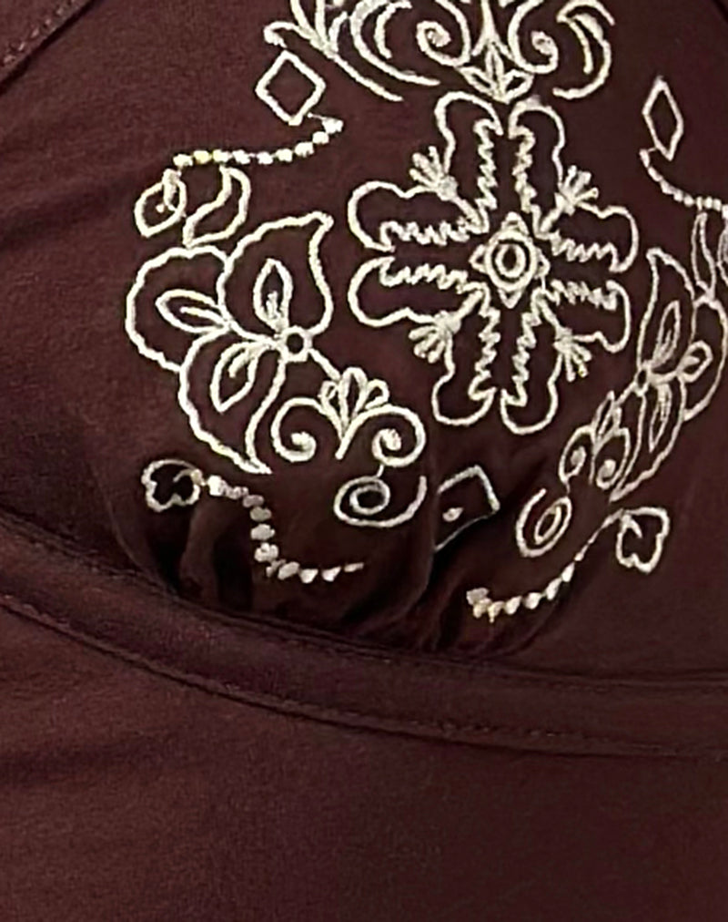 Image of Mione Top in Bitter Chocolate with Floral Embroidery