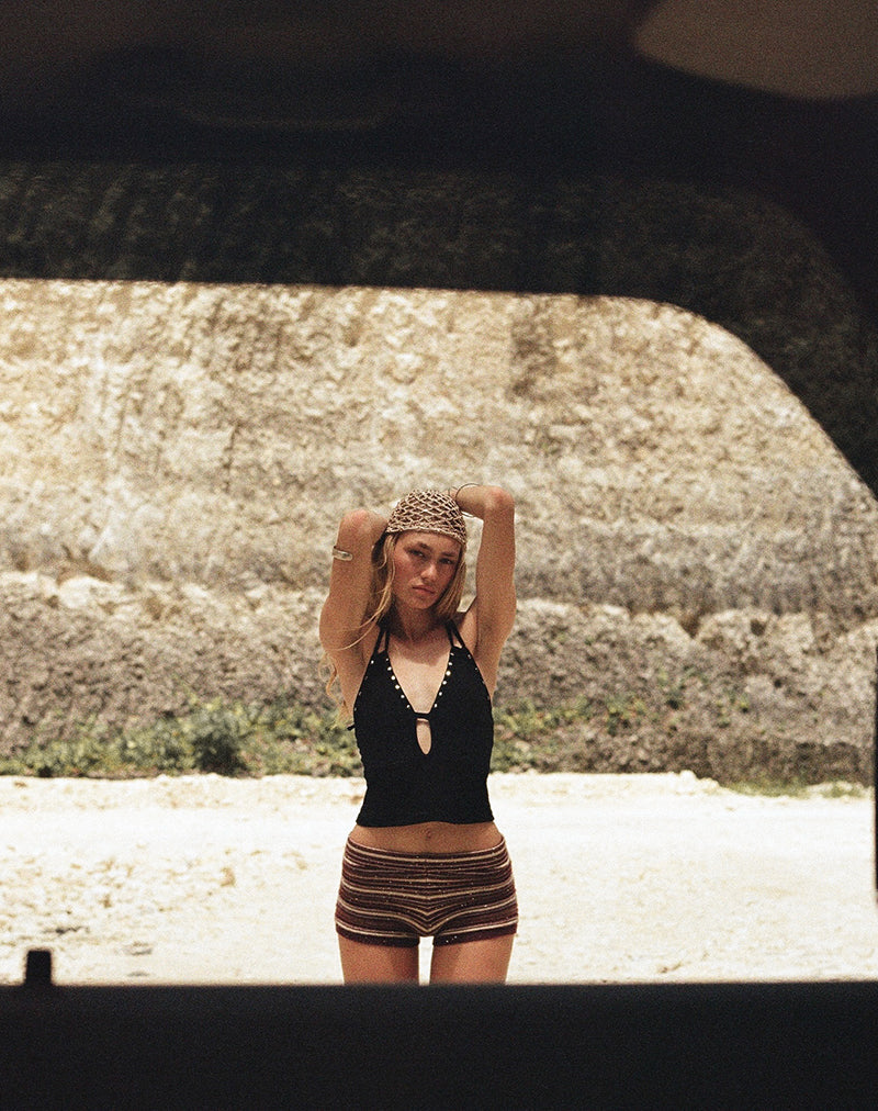 Image of Mioto Keyhole Halterneck Top with Studs in Rayon Black