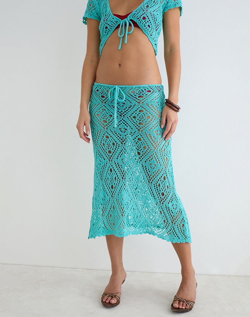 Image of Diora Midi Skirt in Crochet Knit Aqua Sky