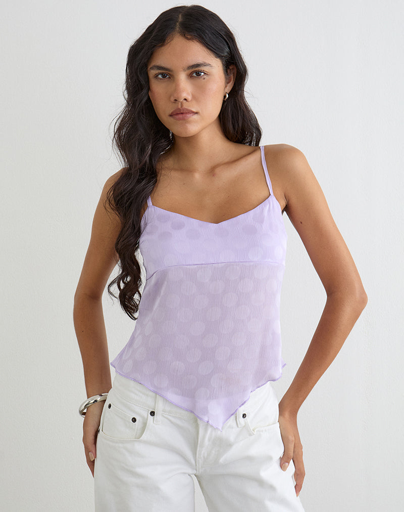 Image of Mirelle Handkerchief Cami Top in Chiffon Lilac Polka Dot