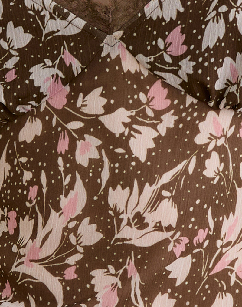 Image of Misaki Top in Chiffon Polka Flower Brown