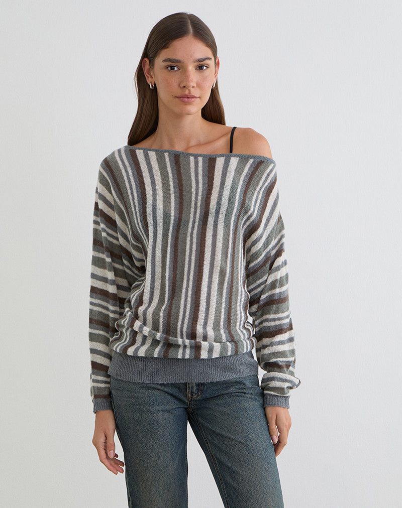 Image of Monara Off Shoulder Knit Top in Big Stripe Grey