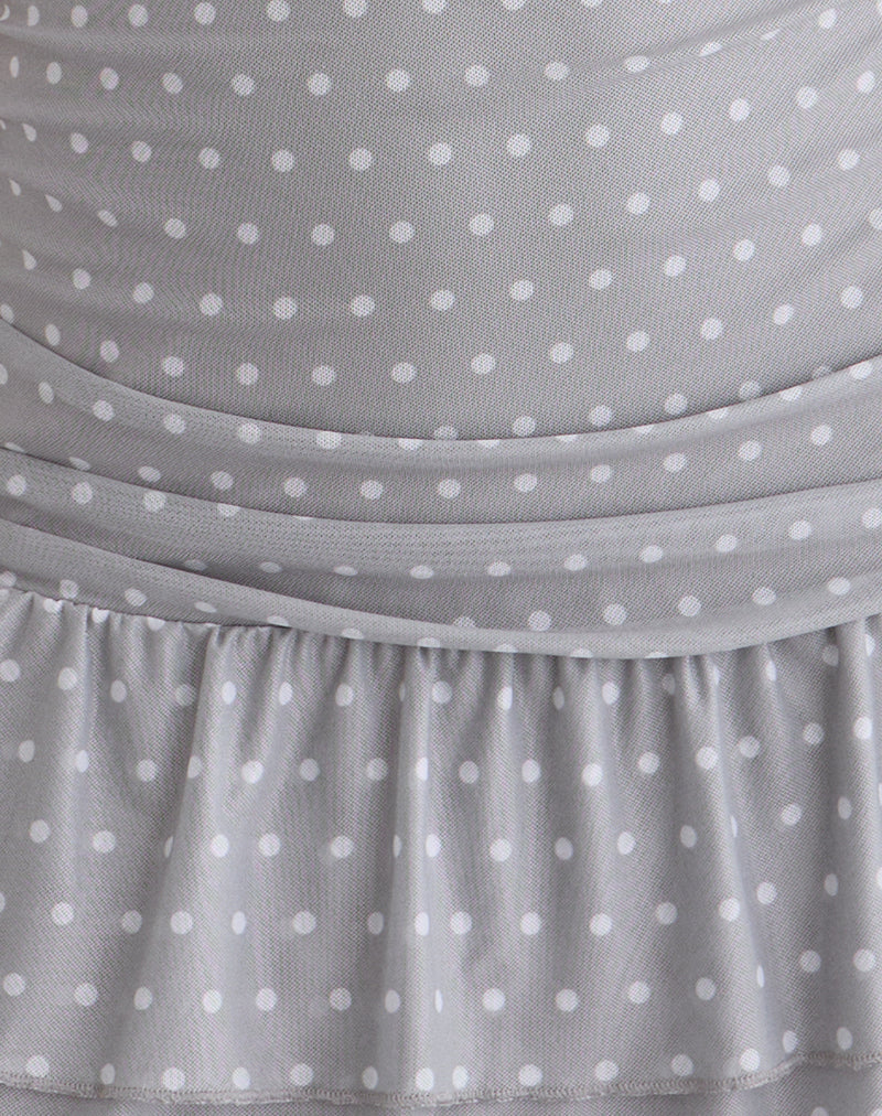 Image of Mowgli Cap Sleeve Mini Dress in Grey with Micro White Polka