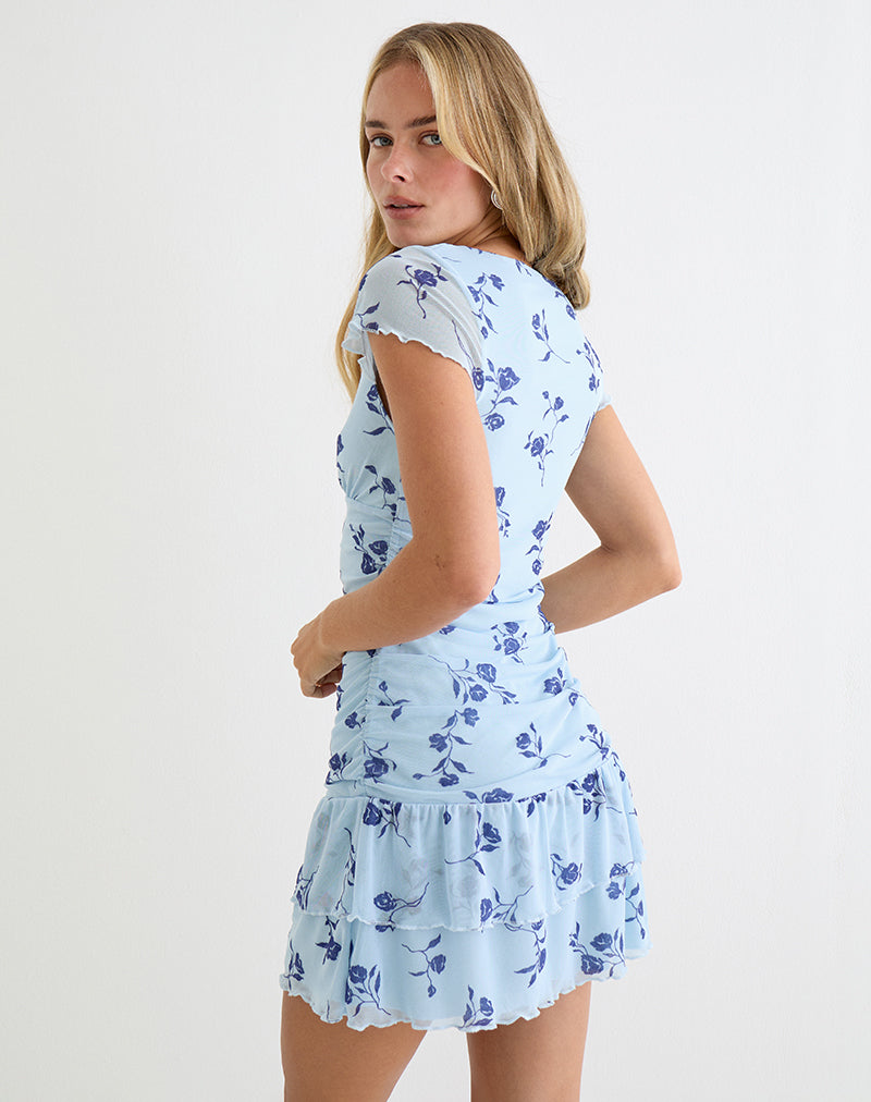 Image of Mowgli Cap Sleeve Mini Dress in Thin Leafy Blue