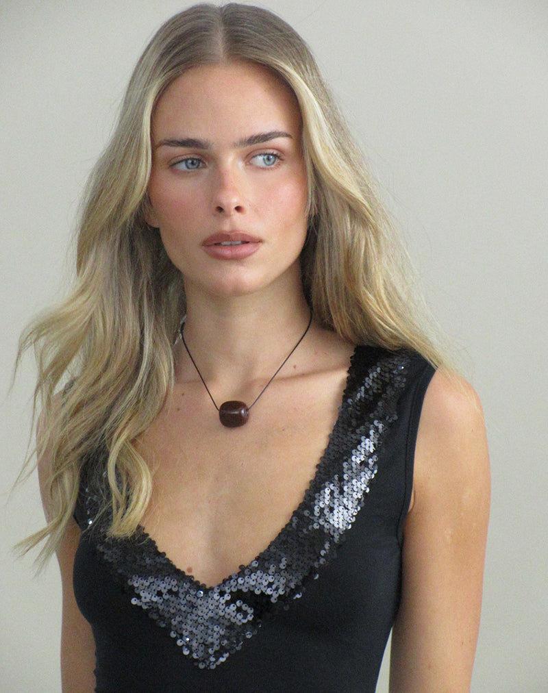 Image of Nahia Top with Sequin Trim in Cupro Black